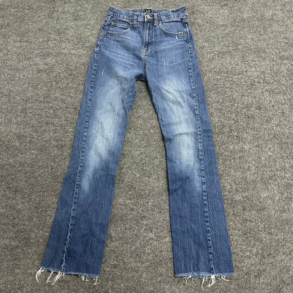 Gap Jeans Womens Size 00/24 Tall Blue Straight Leg Raw Hem High Rise Stretch